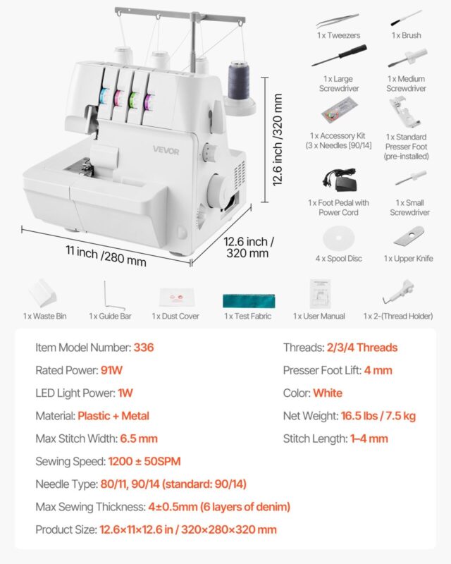VEVOR Serger overlokõmblusmasin, 320×280×320 mm