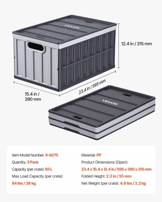 Plastist kokkupandavad hoiukastid kaantega, 38 kg, 65 L