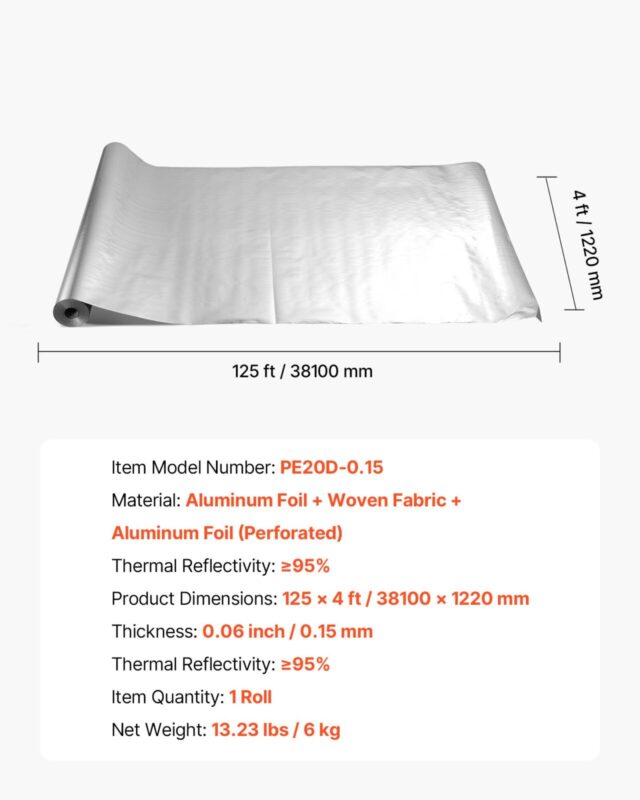VEVOR Topeltpeegeldav isolatsioonirull, 0,15 mm, 38,1 m, 123 cm