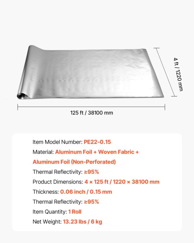 VEVOR Topeltpeegeldav isolatsioonirull, 0,15 mm, 38,1 m, 122 cm