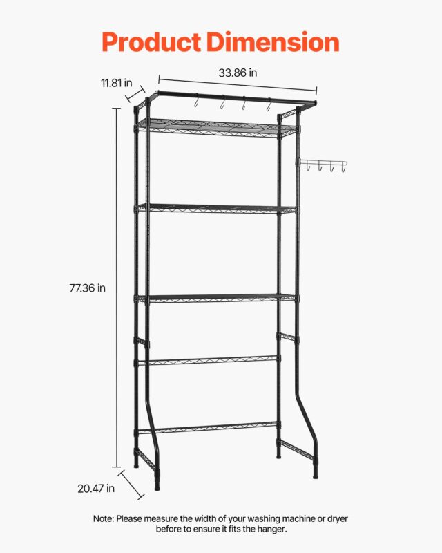 VEVOR Pesumasina ja kuivati ​​kohal olev hoiuriiul, 10 kg, 3 tasandit, must