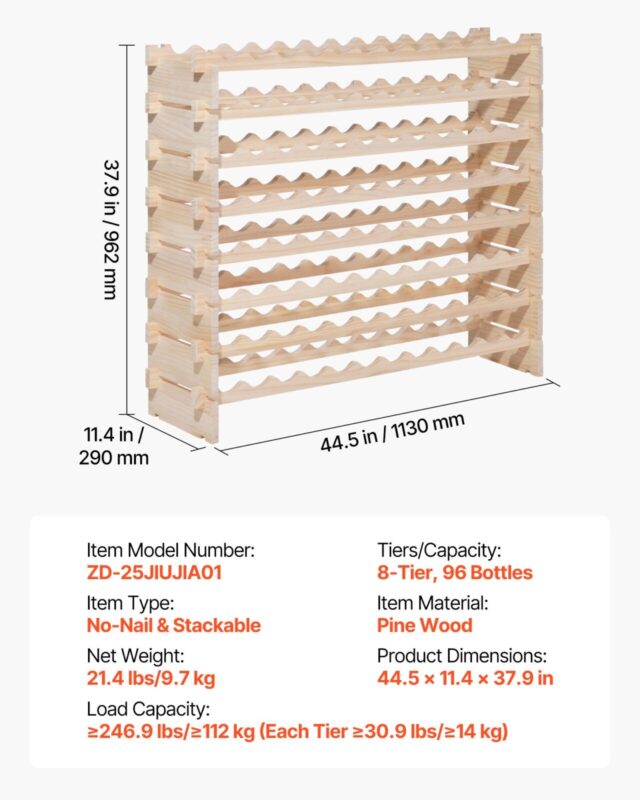 96 pudelite virnastatav moodulveiniriiul, 112 kg, 8 tasandit