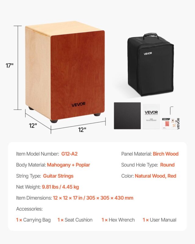 VEVOR Cajon Box Drum, 305 x 305 x 430 mm, 45 kg