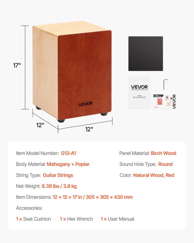 VEVOR Cajon Box Drum, 305 x 305 x 430 mm, 3,8 kg