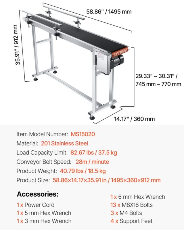 Lintkonveier, 37,5 kg, 150 x 19,8 cm