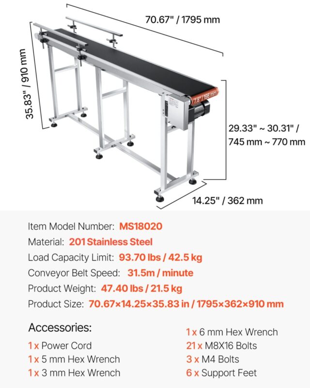 Lintkonveier, 42,5 kg, 180 x 19,8 cm