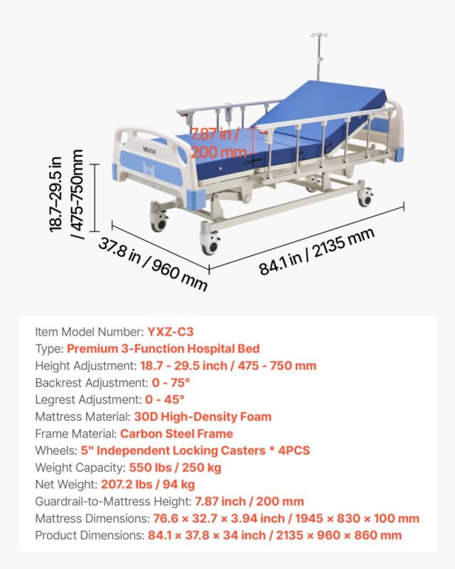 Premium 3-funktsiooniline täiselektriline haiglavood, 250 kg, 127 mm