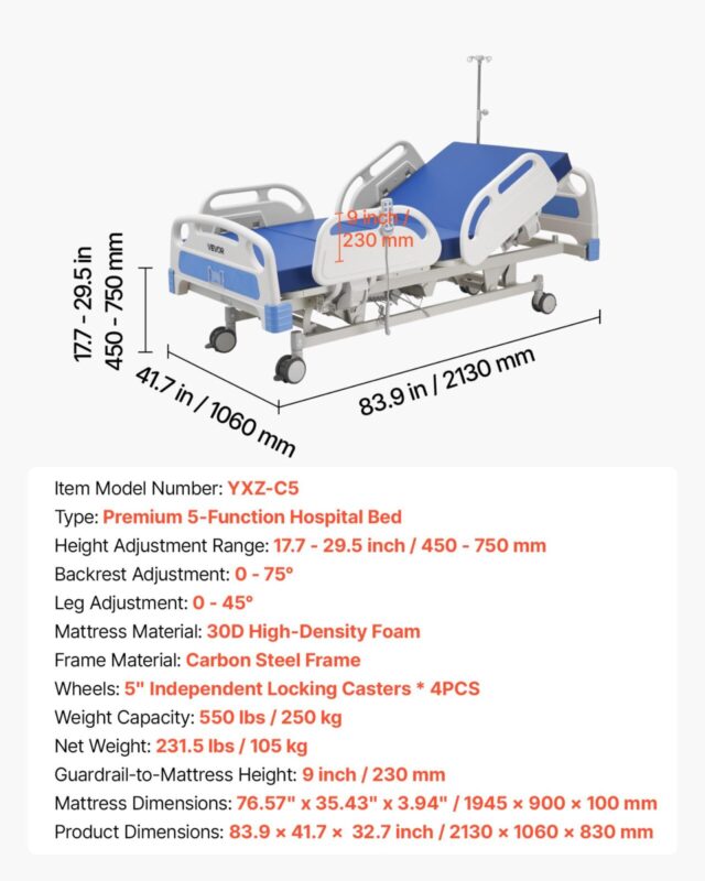 VEVOR Premium 5-funktsiooniline täiselektriline haiglavood, 250 kg, 127 mm, 1945×900×100 mm