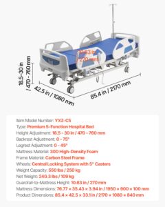 VEVOR Premium 5-funktsiooniline täiselektriline haiglavood, 250 kg, 127 mm, 1950×900×100 mm — pilt 7