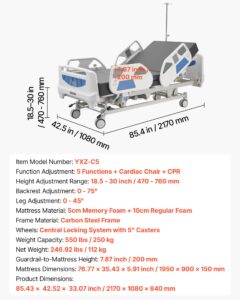 VEVOR Premium 5-funktsiooniline täiselektriline haiglavood, 250 kg, 127 mm, 1950×900×150 mm — pilt 7