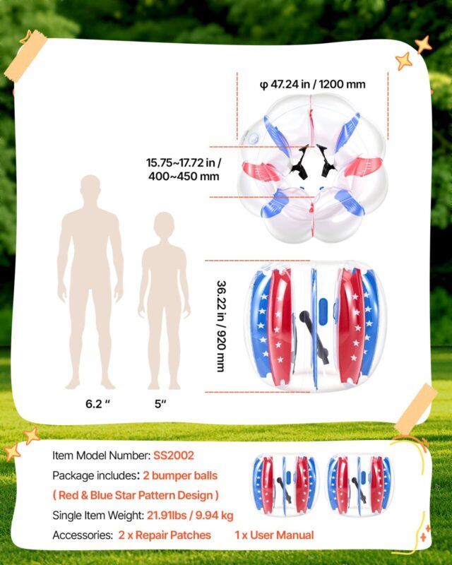 2-pakk täispuhutavat palli 1,2 m inimmull teismelistele, 60 kg, 2 tk