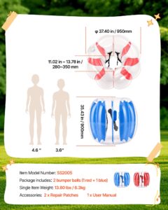 2-pakk täispuhutavat palli 0,9 m inimmull lastele sinine+punane, 49,9 kg, 2 tk — pilt 7