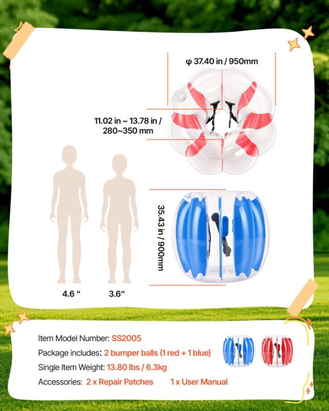 2-pakk täispuhutavat palli 0,9 m inimmull lastele sinine+punane, 49,9 kg, 2 tk
