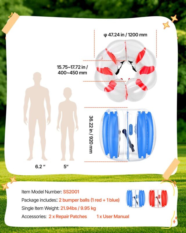 2-pakk täispuhutavat palli 1,2 m inimmull teismelistele, 60 kg, 2 tk
