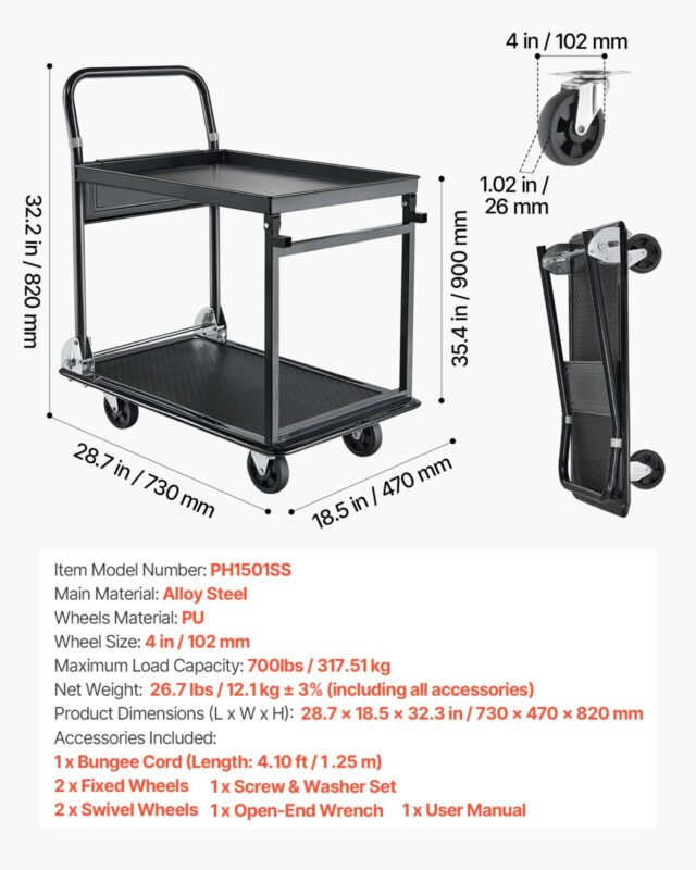 Kokkupandav tõukurkäru, 317,51 kg, 318 kg, 72,9 x 47,0 x 82,0 cm, 2 tasandit