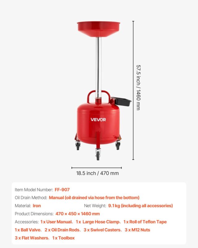 VEVOR 30L õlijäätmete tühjenduspaak, 30 L, 470×450×1460 mm