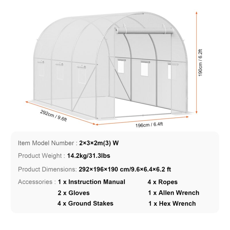 Tunnelkasvuhoone 2,9x2x1,9 m tsingitud raam PE katus valge, 2,9 x 2 x 1,9 m