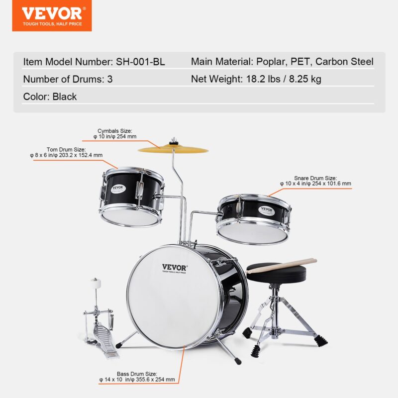 VEVOR Laste trummikomplekt, 35,6 cm, must