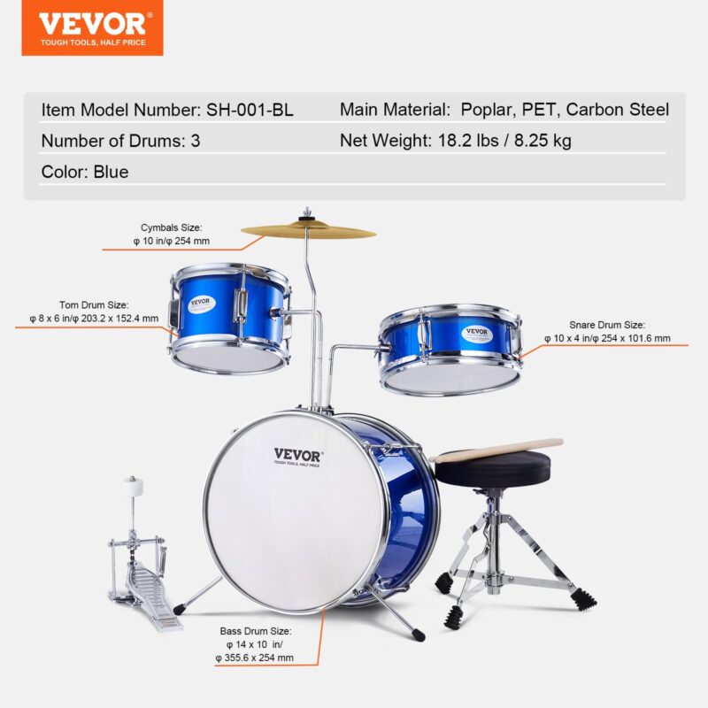 VEVOR Laste trummikomplekt, 35,6 cm, sinine