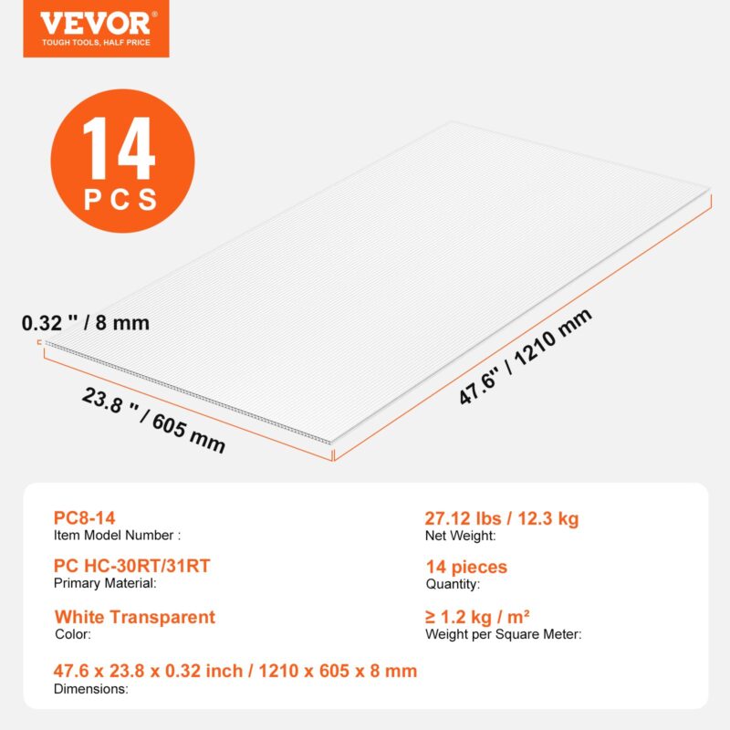 VEVOR 14 Pack polükarbonaadist kasvuhoonepaneelid, 14 tk, 131 cm