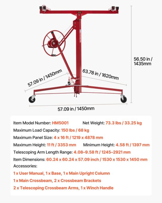 VEVOR 3353mm kipsplaadi tõstuk, 68 kg, 3353 mm, punane