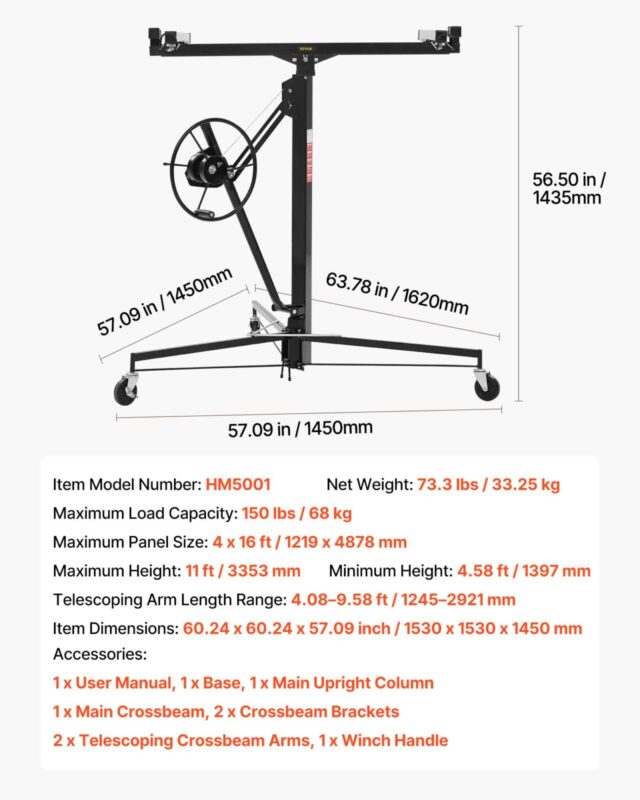 VEVOR 3353mm kipsplaadi tõstuk, 68 kg, 3353 mm, must