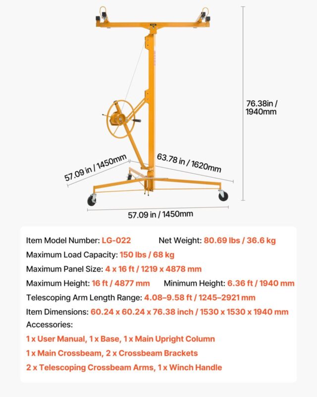 VEVOR 4877 mm kipsplaadi tõstuk, 68 kg, kollane