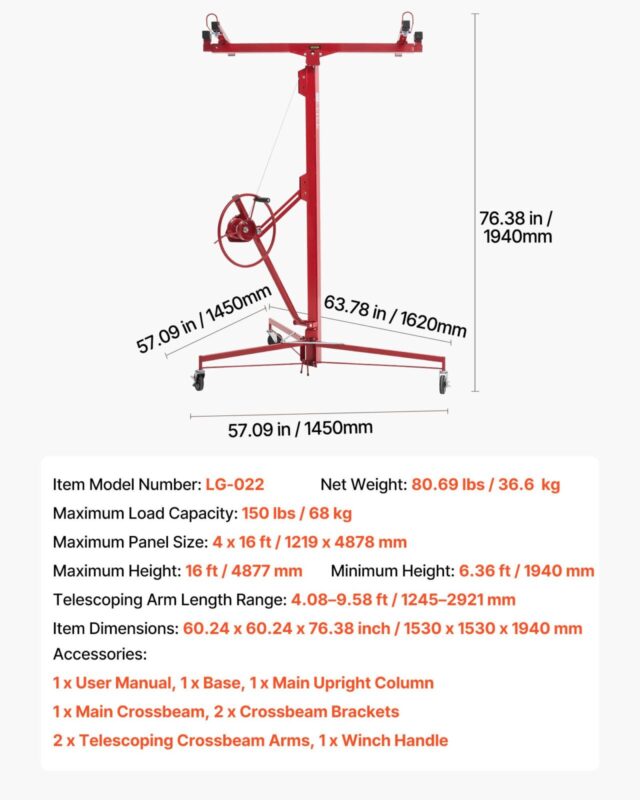 VEVOR 4877 mm kipsplaadi tõstuk, 68 kg, punane
