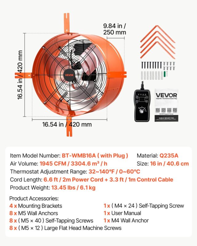 VEVOR Viilkinnitusega ventilaator, 40,6 cm, 6,1 kg