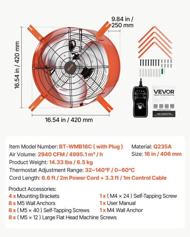 VEVOR Viilkinnitusega ventilaator, 40,6 cm, 6,5 kg