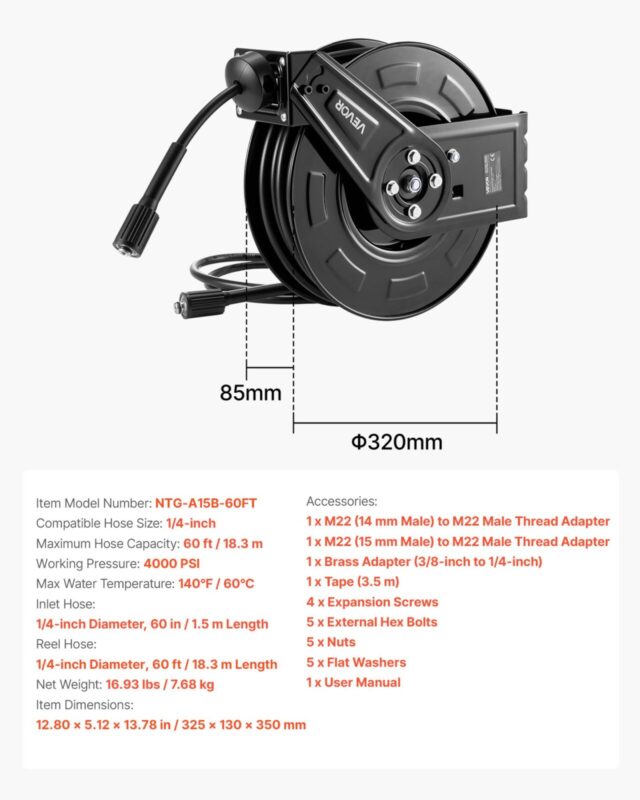 Survepesuri voolikurull, 18,3 m, 6,4 mm
