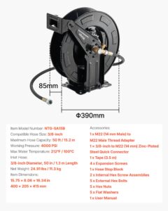 VEVOR Survepesuri voolikurull, 15,2 m, 9,5 mm, 400×205×415 mm — pilt 7