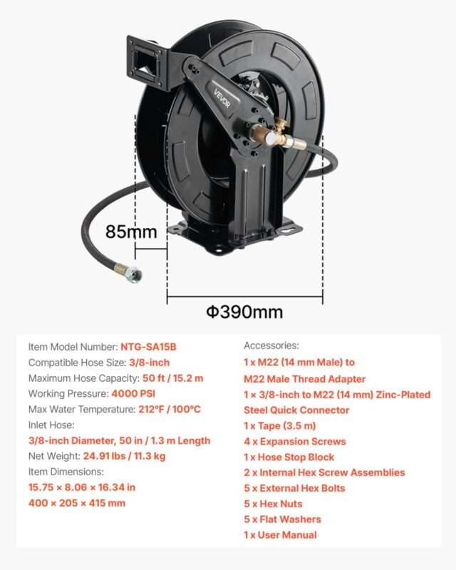VEVOR Survepesuri voolikurull, 15,2 m, 9,5 mm, 400×205×415 mm