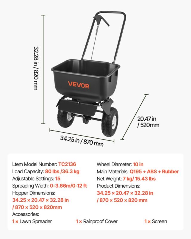 Lükatav murulaotur, 36,3 kg, 3,6 m, 25,4 cm
