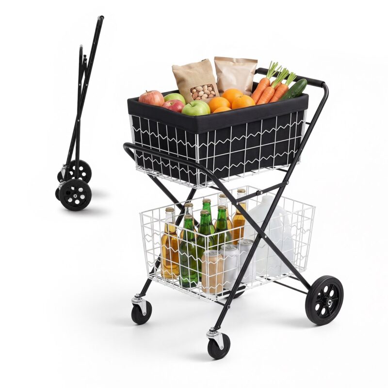 Shopping Cart 2-Tier with Wheels Foldable for Grocery 40 kg Capacity, 2 tasandit
