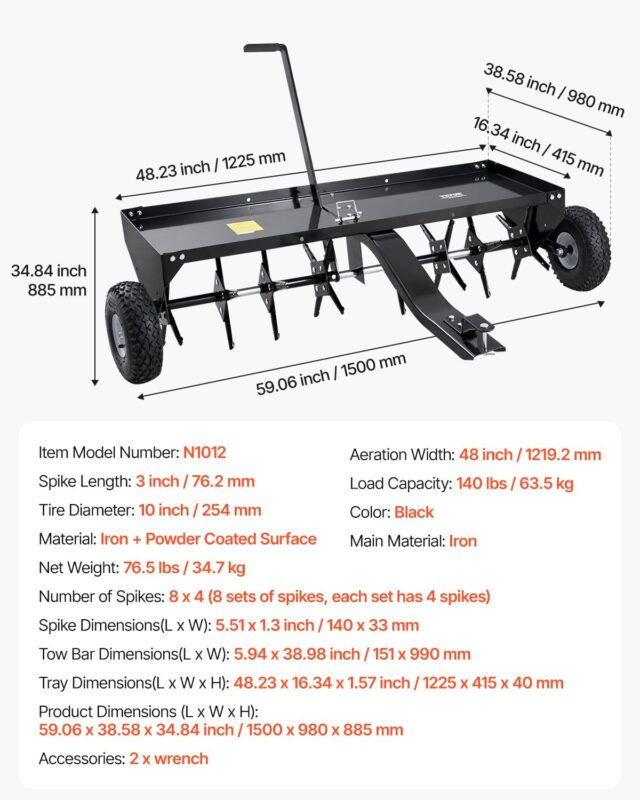 Järelveetav muruõhutaja, 63,5 kg, 122 cm