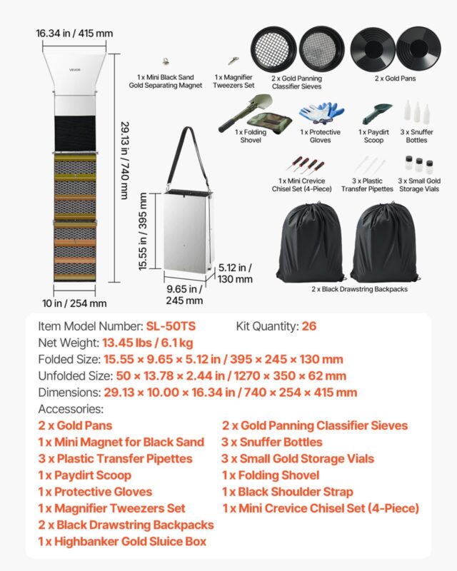 Kõrge pangaga kulla pesemise komplekt, 1270 mm, 7,62 cm, 26 tk
