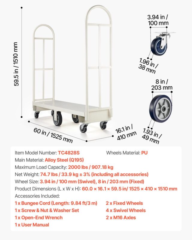 U-paadiplatvormiga veoauto Dolly, 907,18 kg, 1525 x 410 x 1510 mm