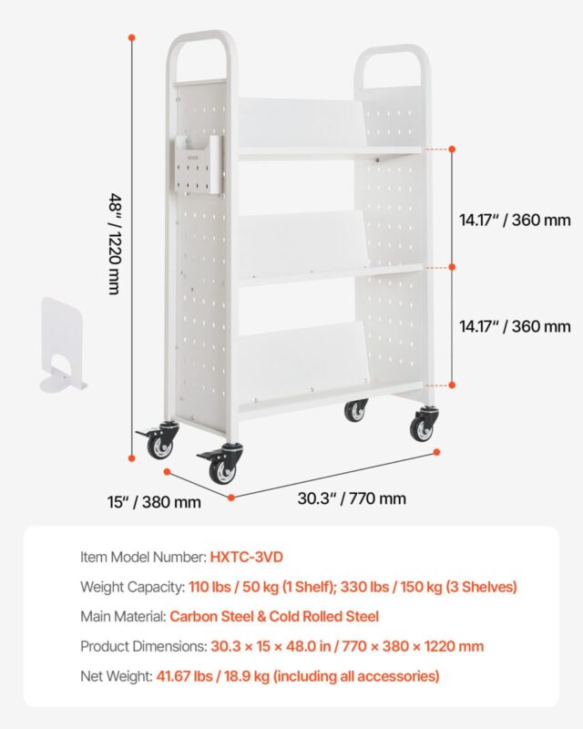 Veerev raamatukogukäru, 50 kg, 150 kg, 77 x 38 x 122 cm, 76,2 mm