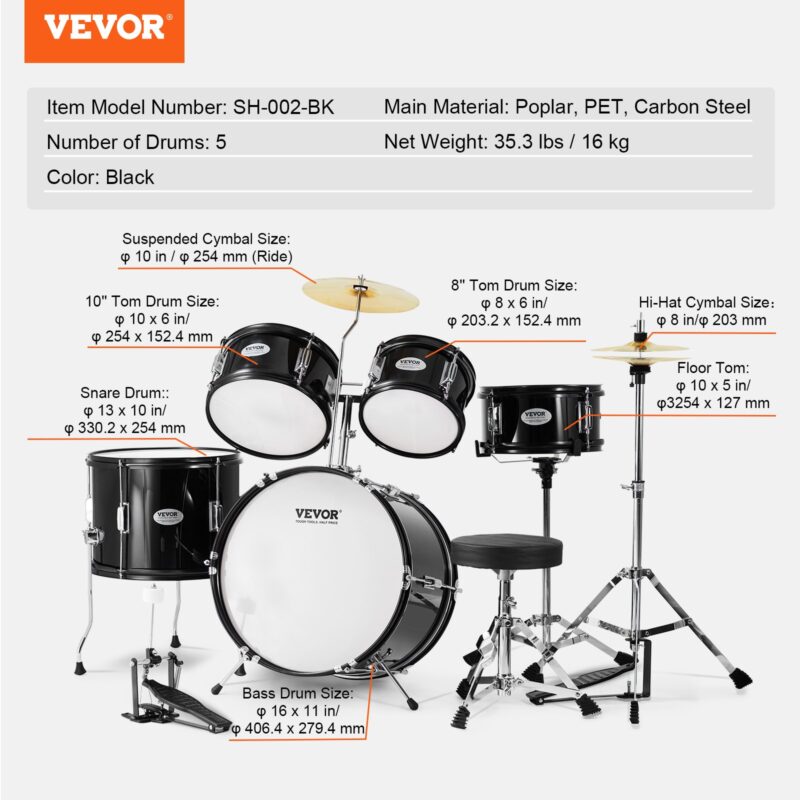 VEVOR Laste trummikomplekt, 40,6 cm, must