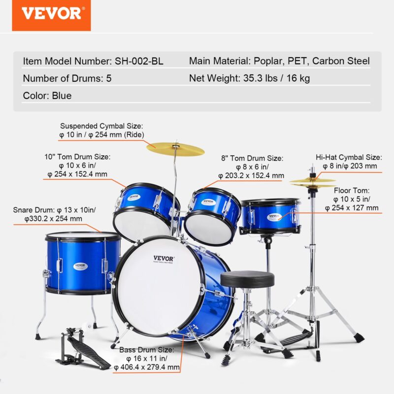 VEVOR Laste trummikomplekt, 40,6 cm, sinine