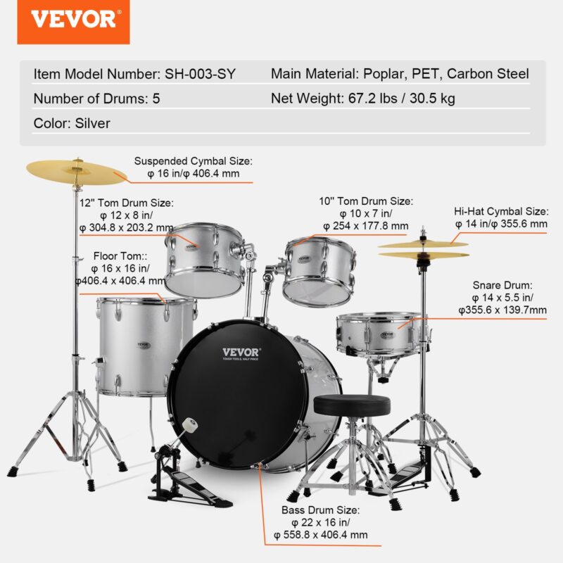 VEVOR Täiskasvanute trummikomplekt, 55,9 cm, hõbe