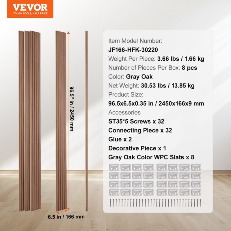 VEVOR Puitliistu akustilised paneelid, 244 x 15,2 cm, 8 tk, hall