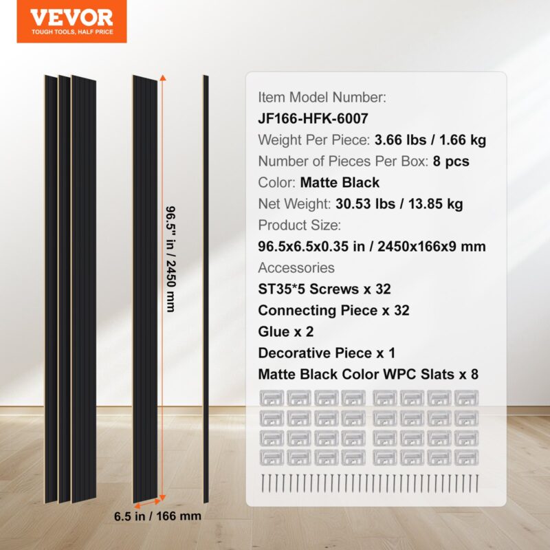 VEVOR Puitliistu akustilised paneelid, 244 x 15,2 cm, 8 tk, matt