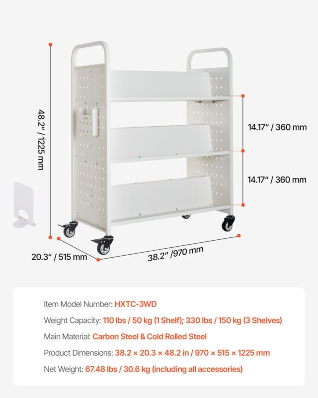 VEVOR Veerev raamatukogukäru, 50 kg, 150 kg, 97 x 51,5 x 122,5 cm, 76,2 mm, valge