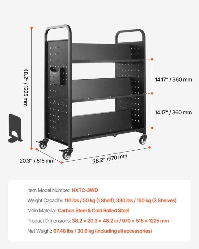 VEVOR Veerev raamatukogukäru, 50 kg, 150 kg, 97 x 51,5 x 122,5 cm, 76,2 mm, must