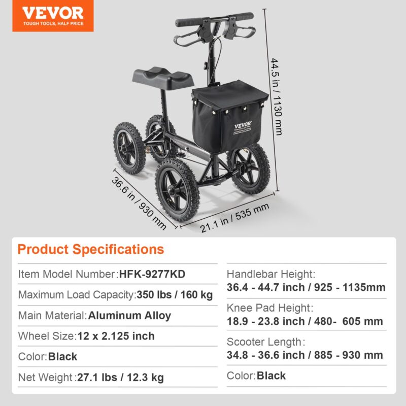 VEVOR Kokkupandav põlvetõukeratas, 160 kg, 30,5 cm, 158,8 kg, 930×535×1130 mm