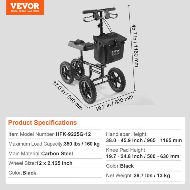 VEVOR Kokkupandav põlvetõukeratas, 160 kg, 30,5 cm, 158,8 kg, 940×500×1160 mm