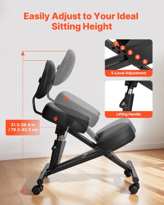 Ergonoomiline põlvitustool seljatoe ja ratastega, 120 kg