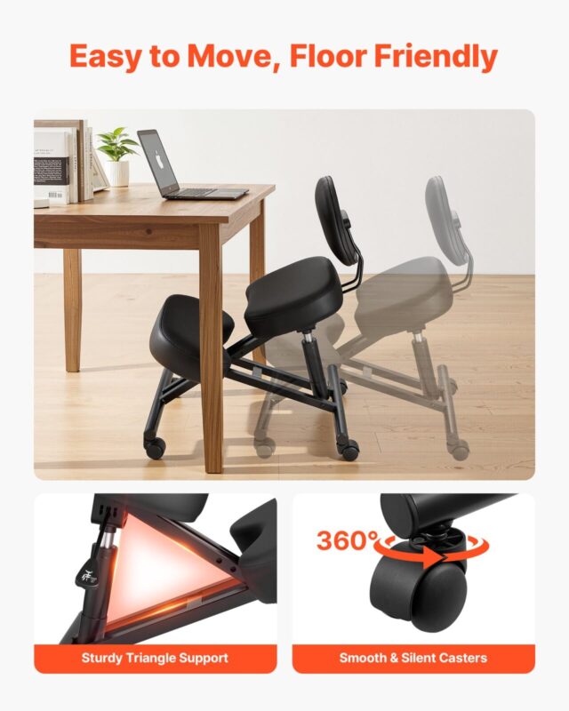Ergonoomiline põlvitustool seljatoe ja ratastega, 120 kg